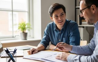 A person sitting across from a mortgage broker at a desk, reviewing home loan papers together