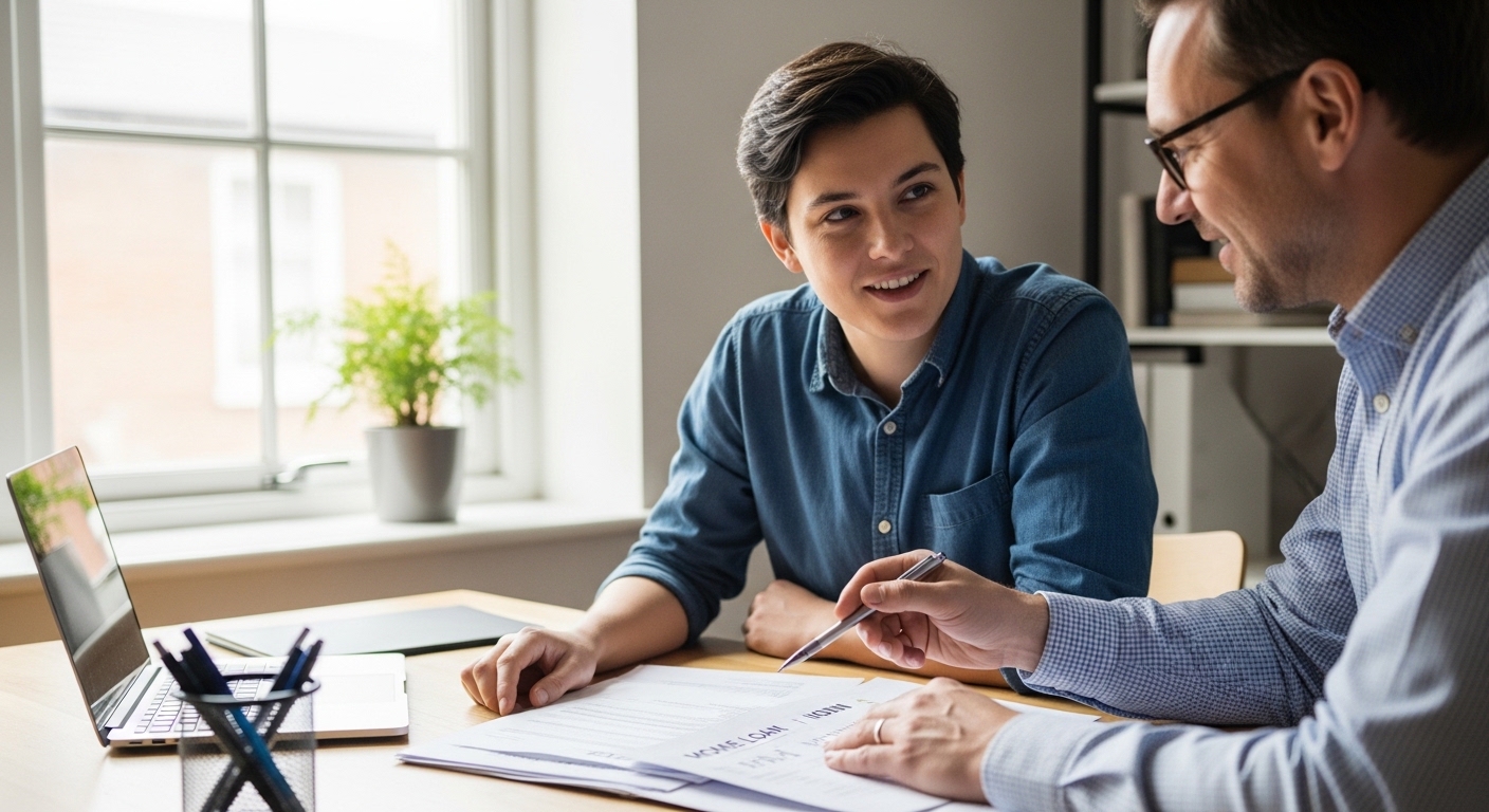 A person sitting across from a mortgage broker at a desk, reviewing home loan papers together
