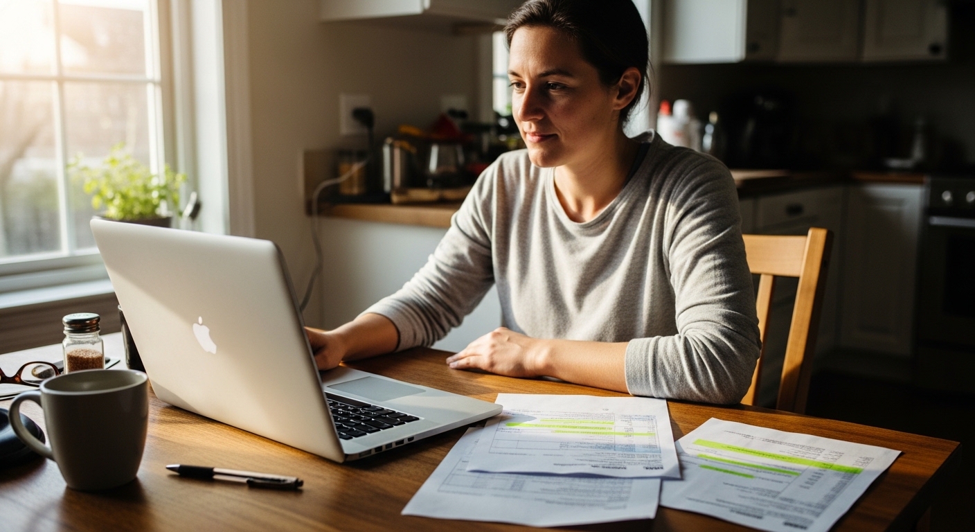 person sitting at a kitchen table at home looking
