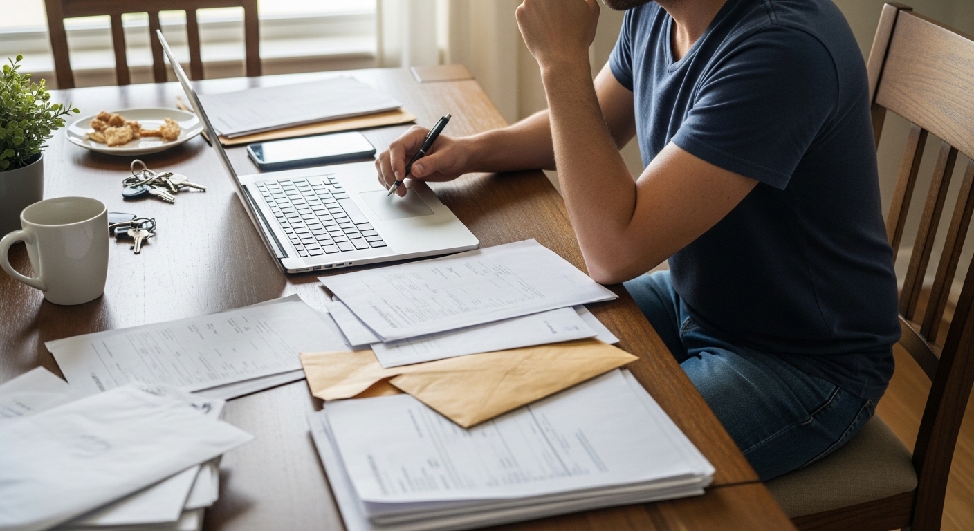 self-employed person working from home at a dining table with a laptop